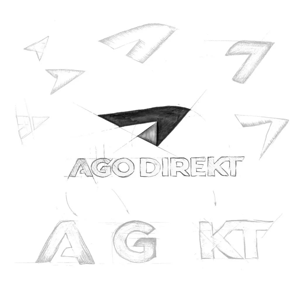 Hand-drawn logo concepts for AGO Trans featuring angular arrow symbols and custom lettering