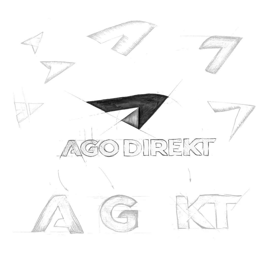 Hand-drawn logo concepts for AGO Trans featuring angular arrow symbols and custom lettering