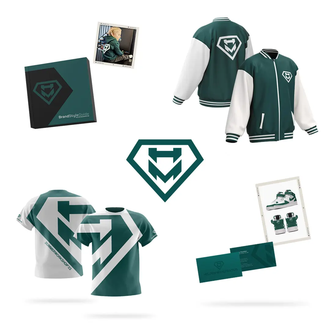 Helden-Manufaktur brand materials with jackets, shirts, business cards and brand style guide