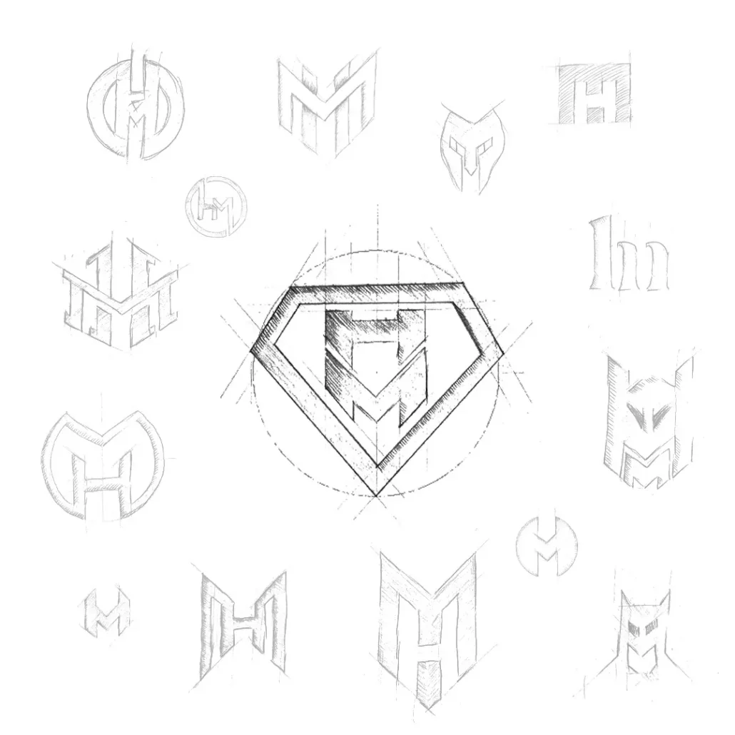 Logo sketches and monogram development for the Heldenmanufaktur rebranding
