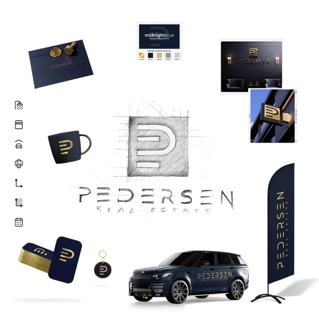 Pedersen Real Estate brand identity with logo sketch, signage, business cards, vehicle branding and promotional materials