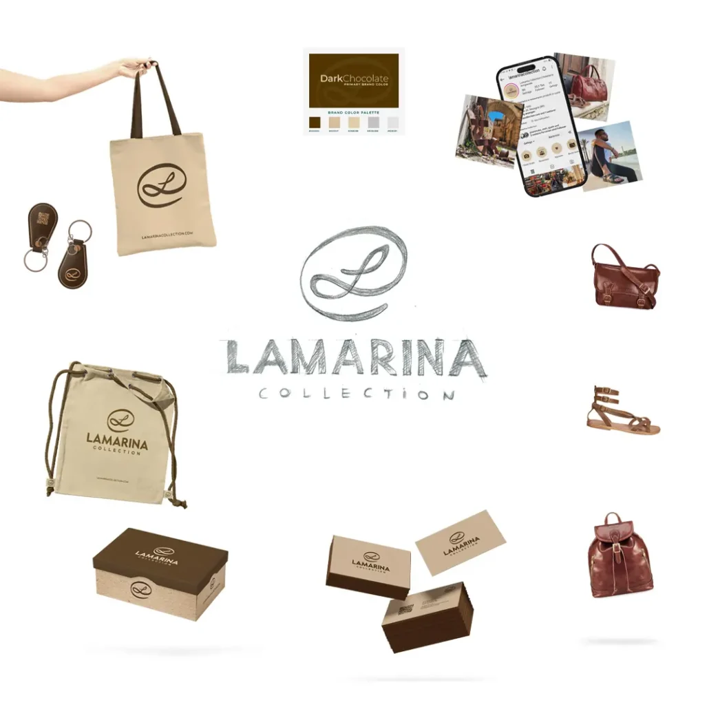 Lamarina Collection brand materials with packaging, tote bags, keyrings, social media graphics and product applications