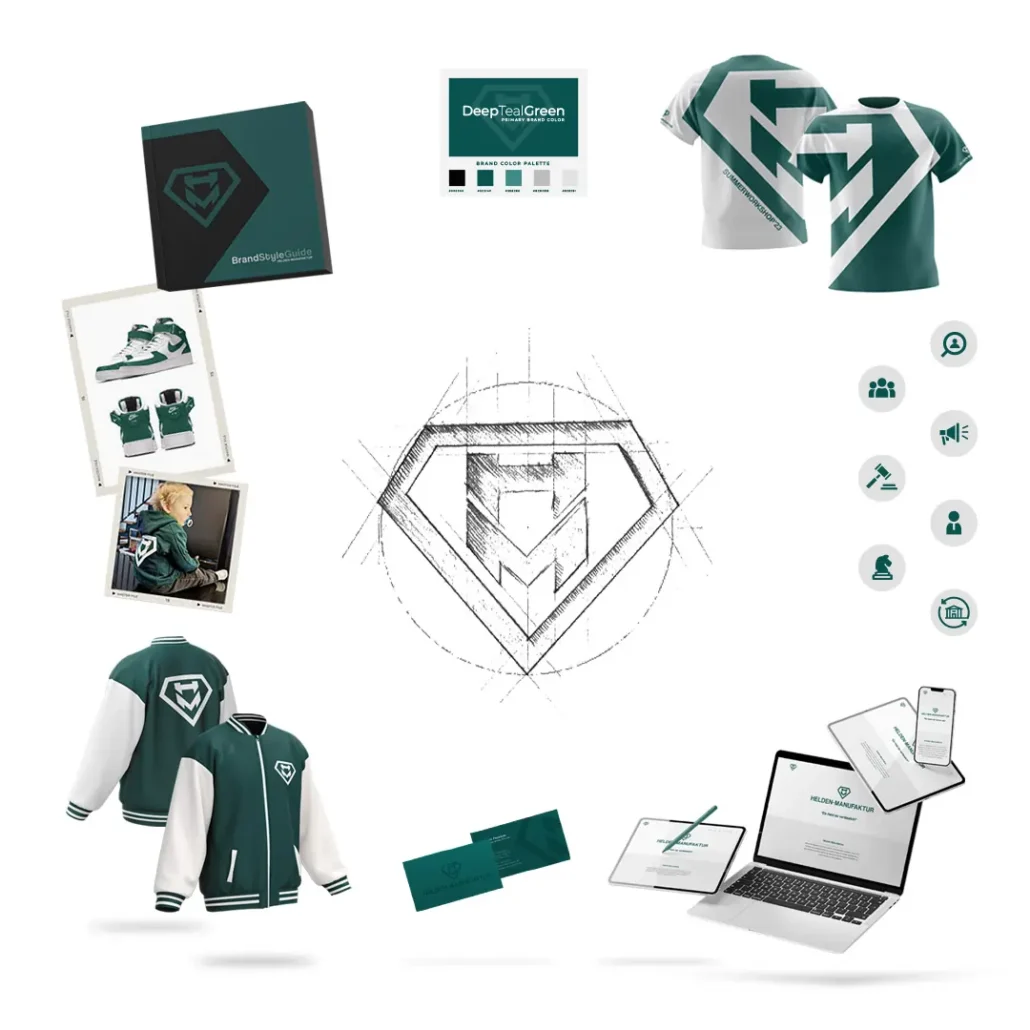 Helden-Manufaktur rebranding with logo development, brand style guide, apparel, icons, website and printed materials