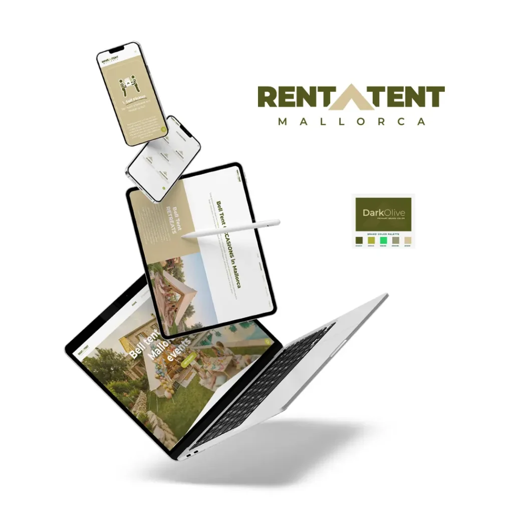 RENTaTENT Mallorca responsive website design shown on laptop, tablet and smartphones