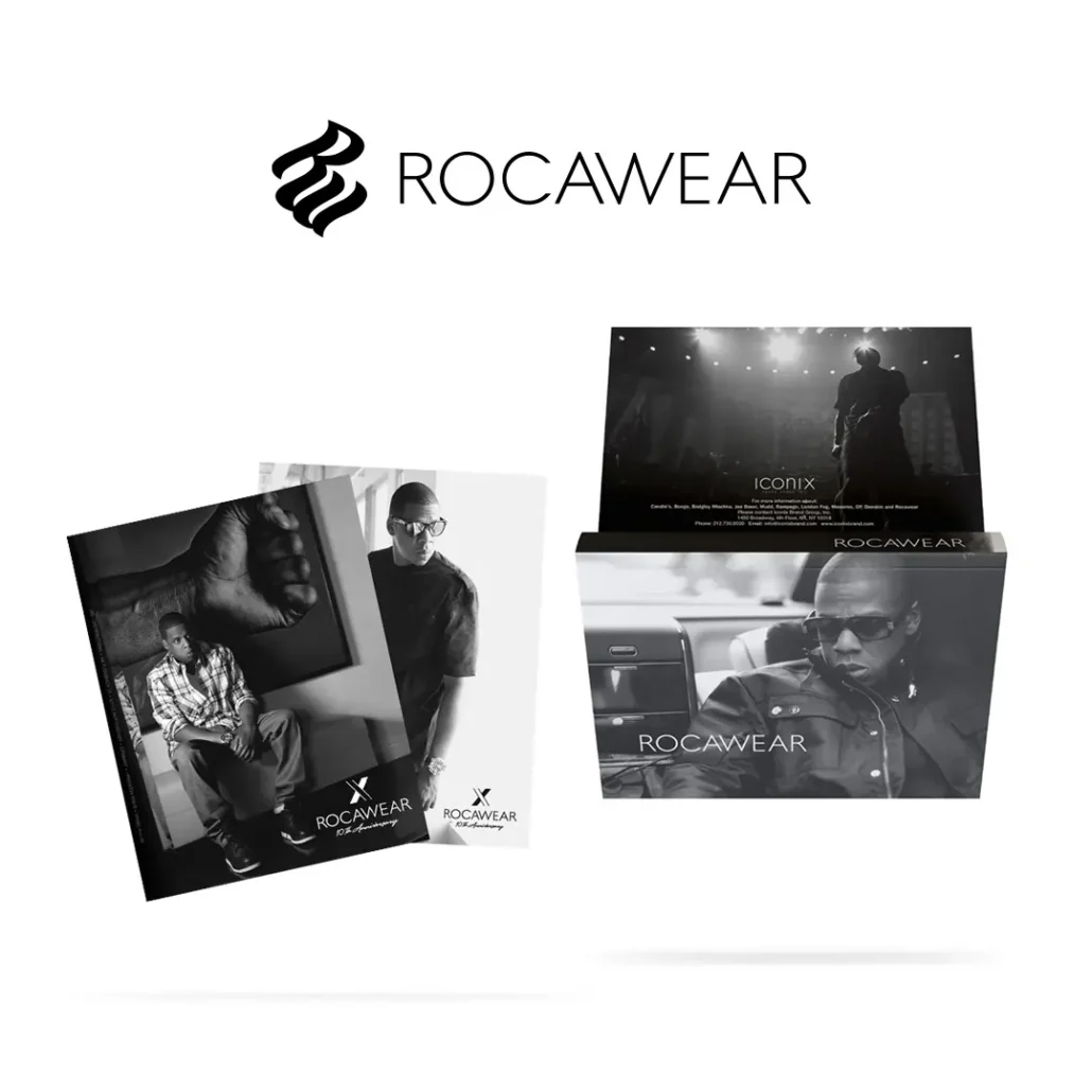Rocawear brand materials with logo, print designs and digital campaign mockups