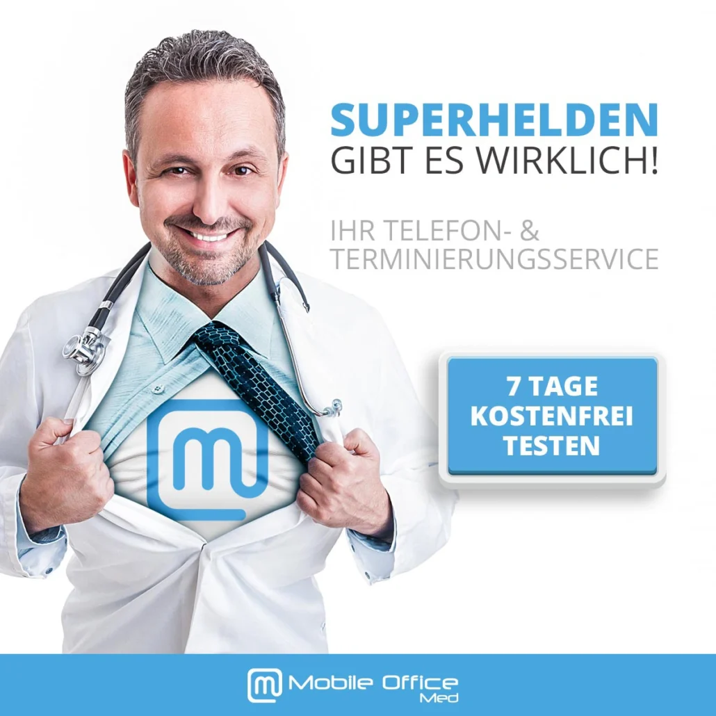 Mobile Office Med lead-generation advertisement featuring a man in medical clothing with the headline “Superhelden gibt es wirklich”