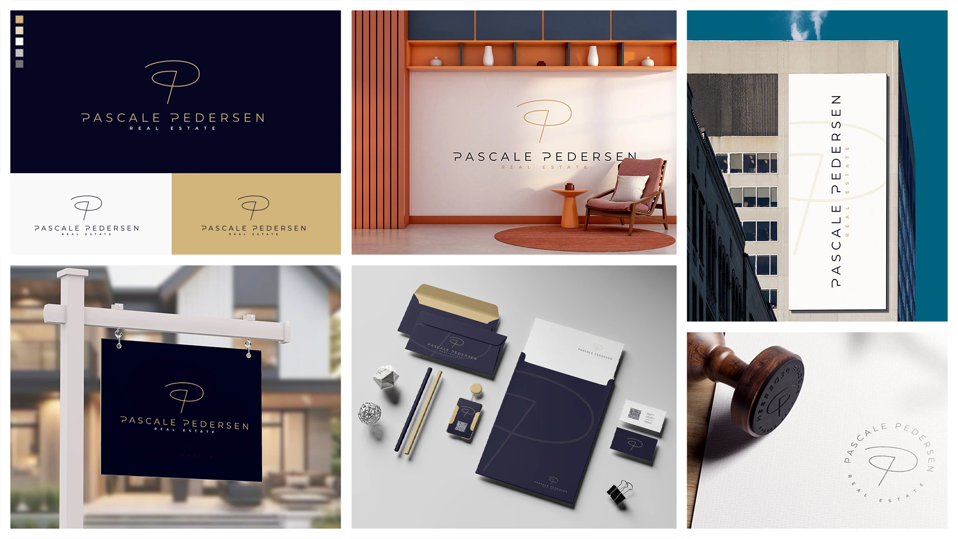 Pedersen Real Estate concept 01 with an elegant PP monogram for Pascale Pedersen, refined wordmark and brand applications