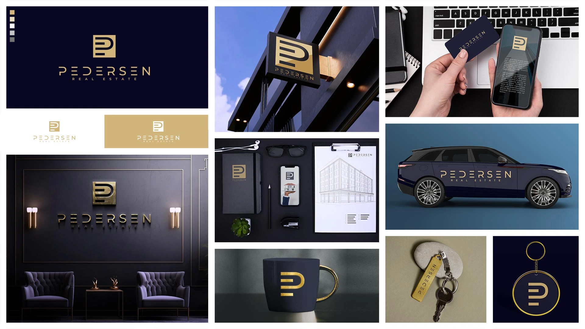 Pedersen Real Estate concept 02 with a geometric PE monogram, custom-designed PEDERSEN wordmark and brand applications