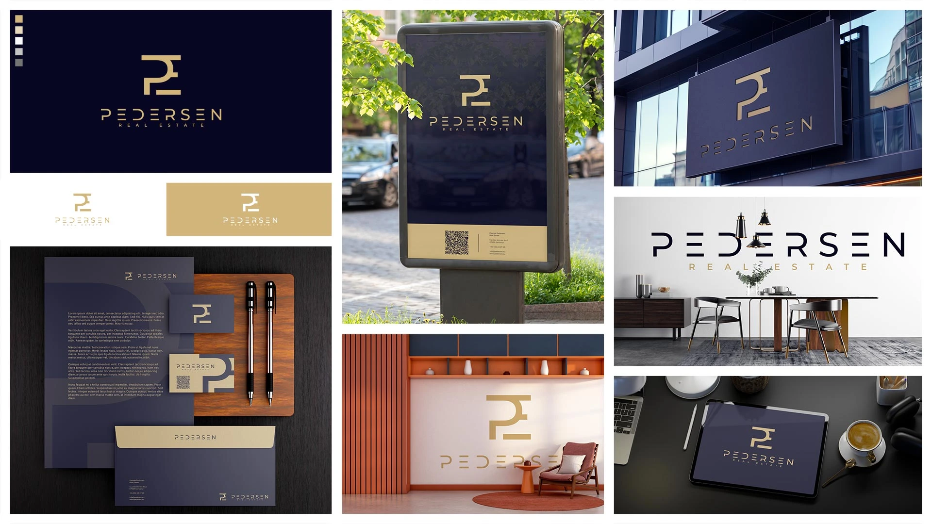 Pedersen Real Estate concept 03 with a geometric PE monogram, modern wordmark and physical and digital brand applications