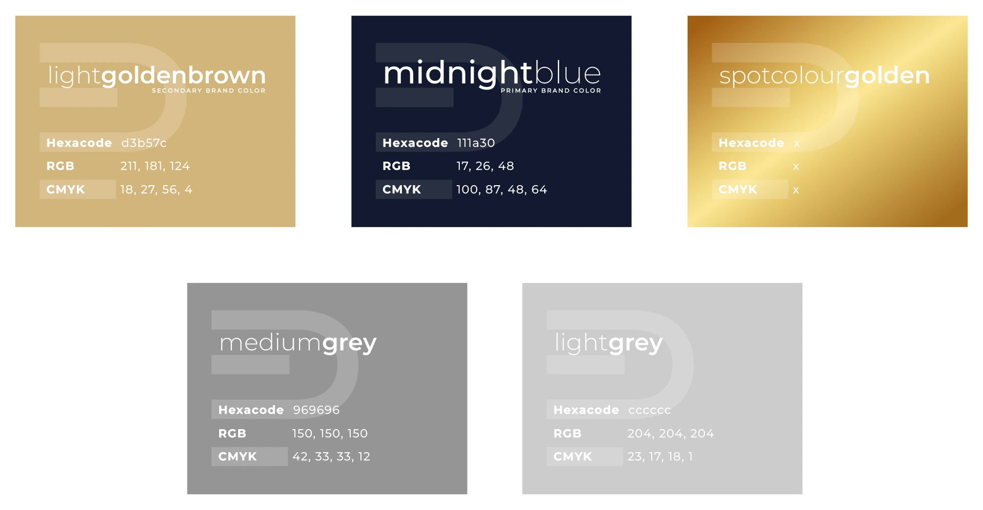 Final Pedersen Real Estate colour system with Midnight Blue, Light Golden Brown, gold, Medium Grey and Light Grey